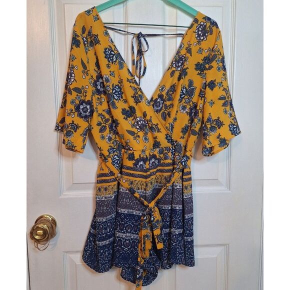 Miami Yellow Blue Paisley Floral Romper Open Back Belted Bohemian Hippie Size M - Picture 1 of 13